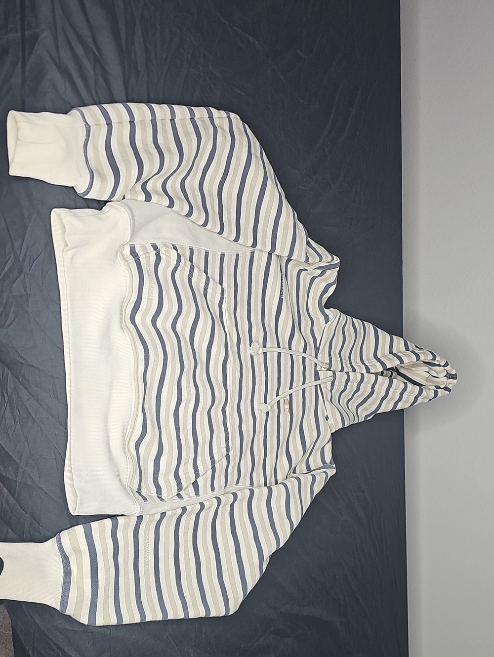 Champion Striped Hooded Pullover in Navy and Cream